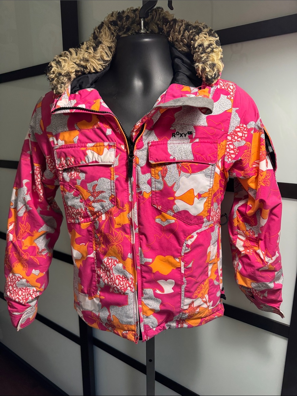 Roxy Girls' Pink and Orange Floral-Print Puffer Jacket with Faux-Fur Trim